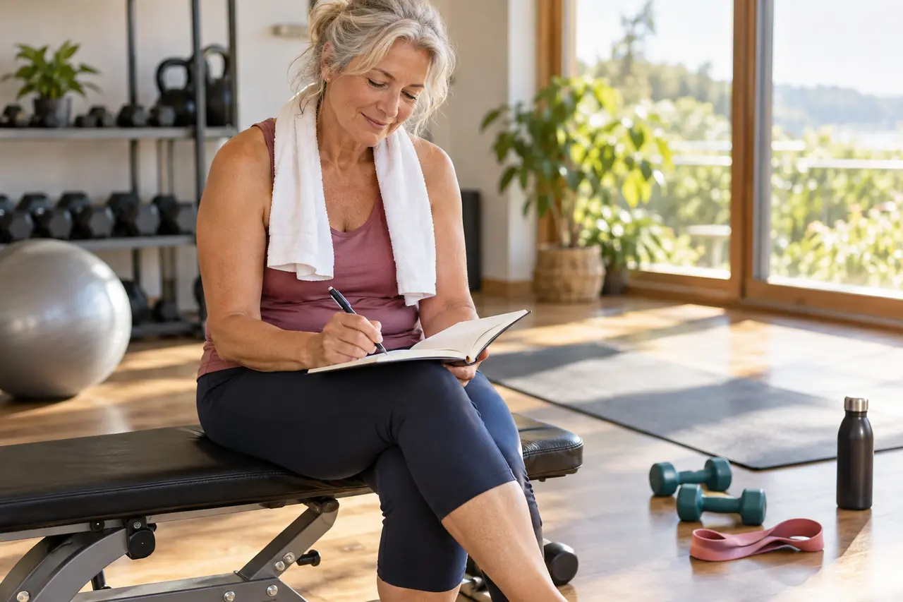 A woman recording activity in a training log while seated on a bench.
