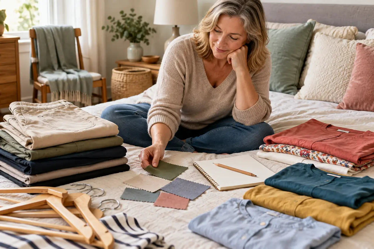 Folded clothes and fabric swatches beside a planning notebook.