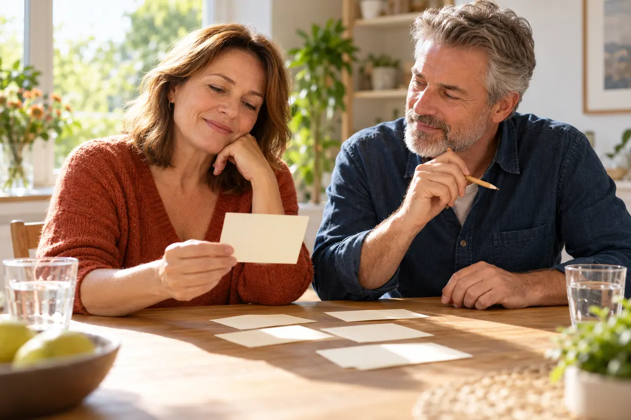 Zwei Erwachsene besprechen neutrale Lernkarten an einem Tisch.