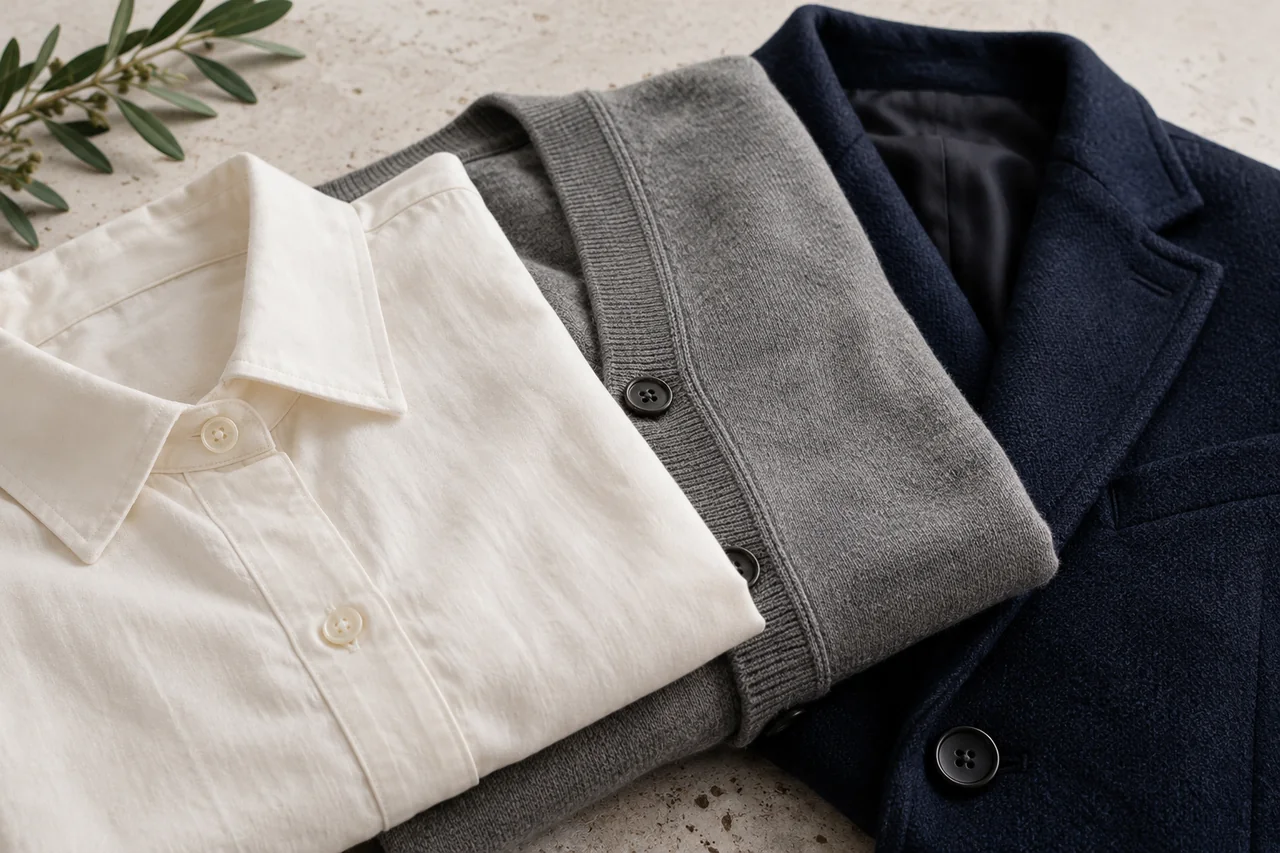 Drei übereinander liegende Kleidungsstücke in Creme, Mittelgrau und tiefem Marineblau.