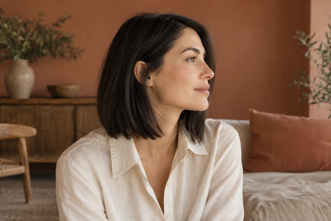 Gerader dunkler Long Bob mit leicht nach innen gerichteten Spitzen.