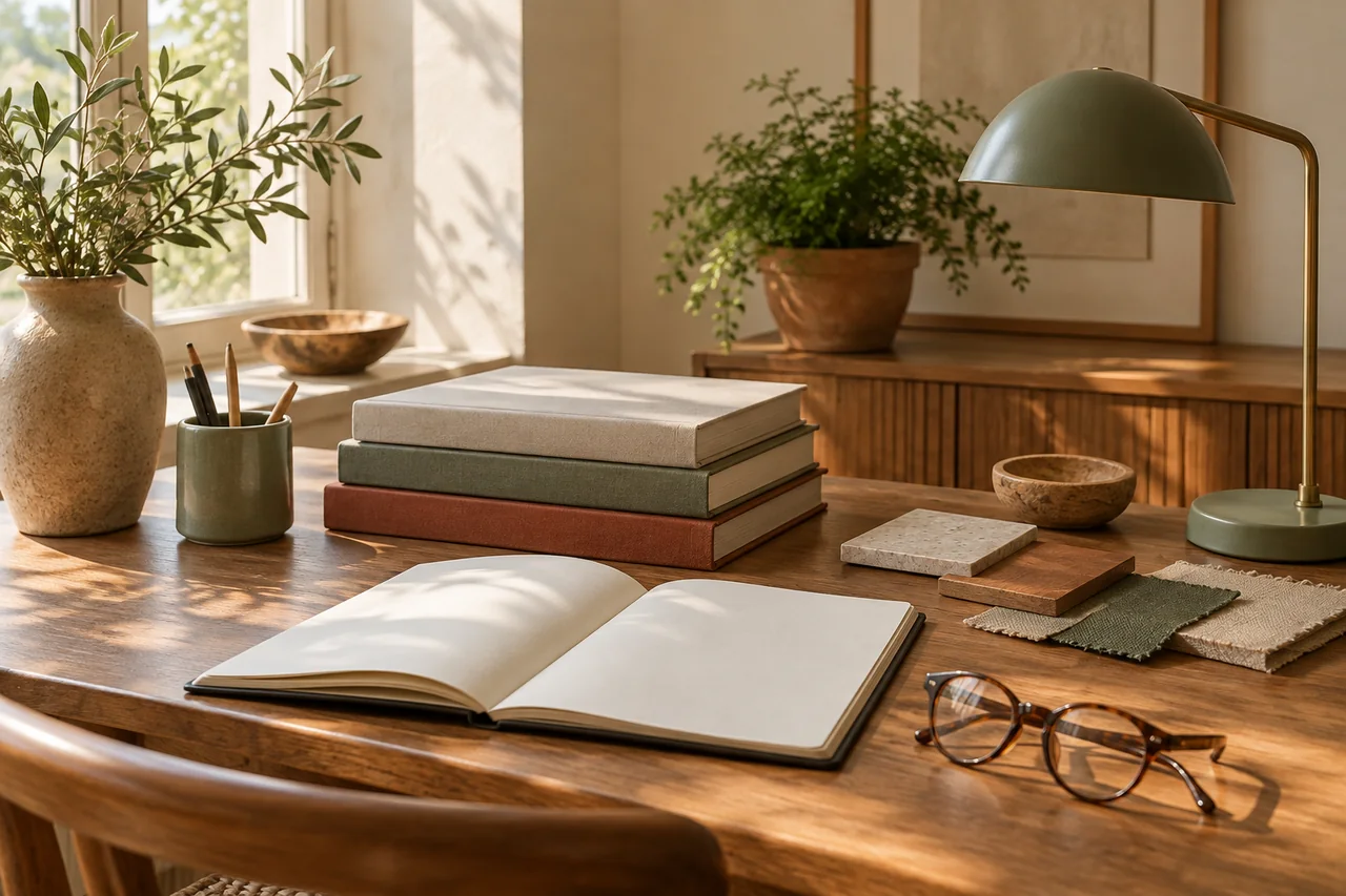 Ein ruhiger Arbeitsplatz mit Büchern, Notizen und Materialmustern.