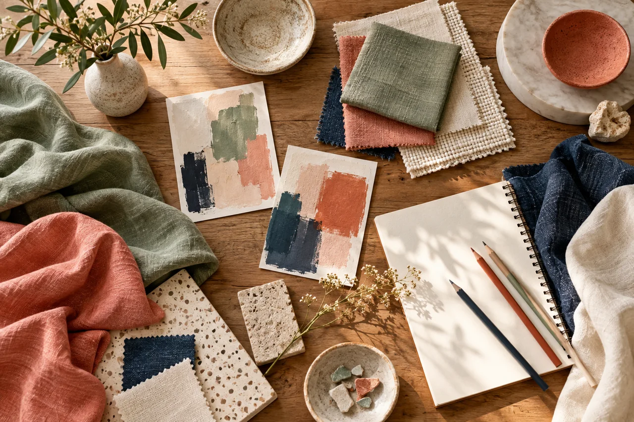 Farben, Stoffe und ein aufgeschlagenes Notizbuch bilden eine kleine Inspirationssammlung.
