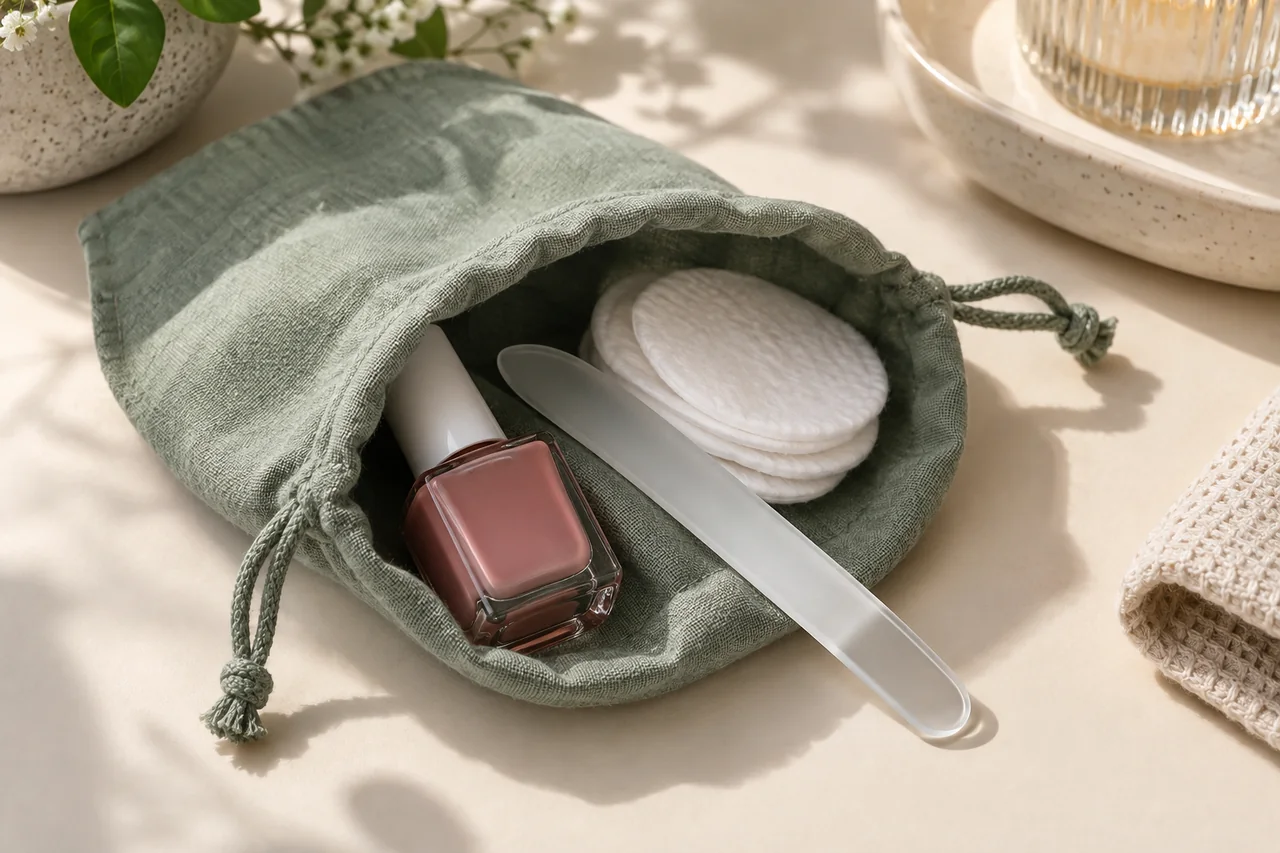 Kleines Maniküreset mit Glasfeile, Nagellack und Wattepads.