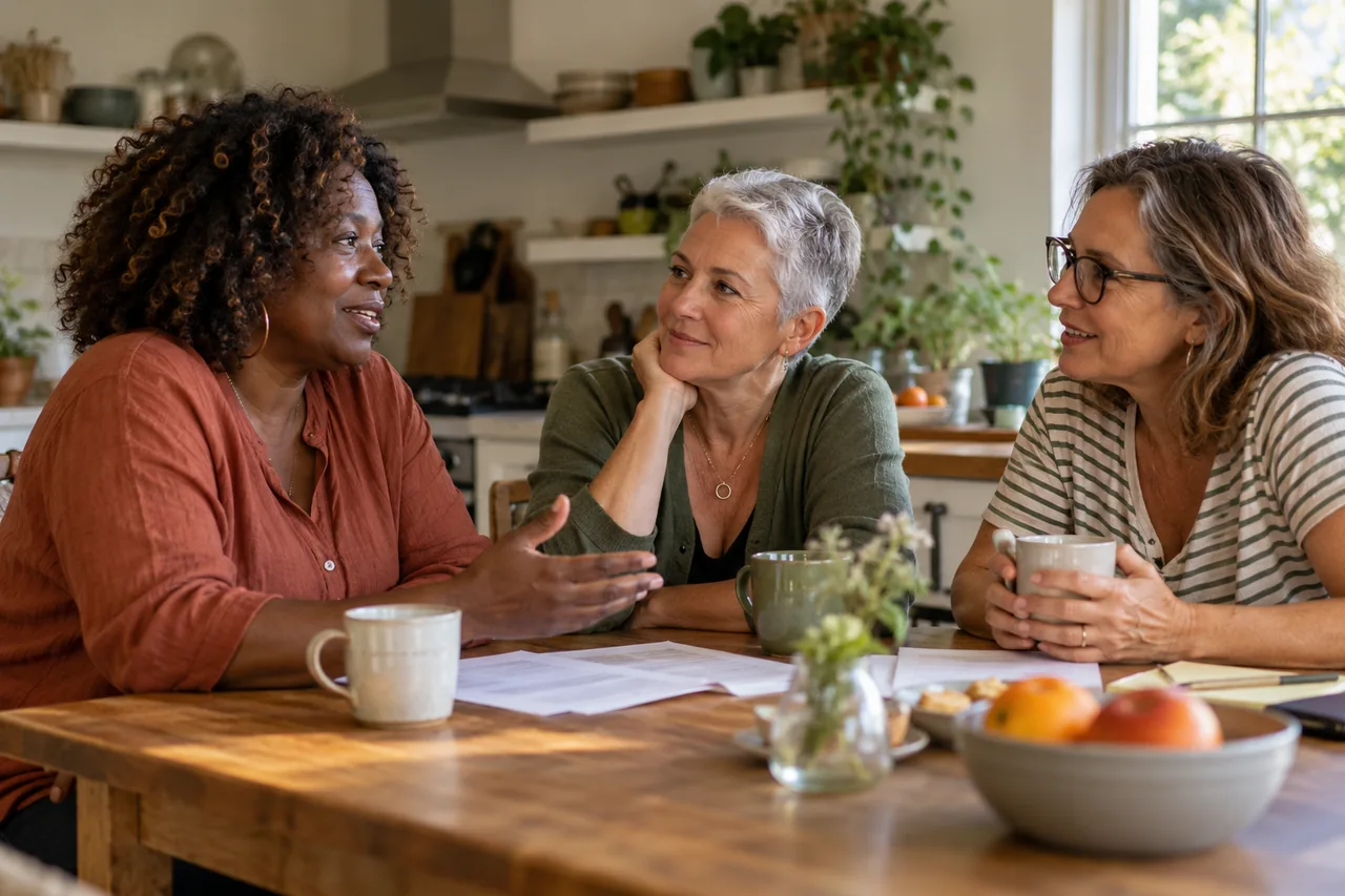 Three women from different backgrounds talk together around a kitchen table.