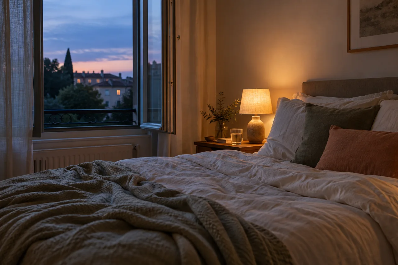 An airy bedroom with light bedding and water on the bedside table.