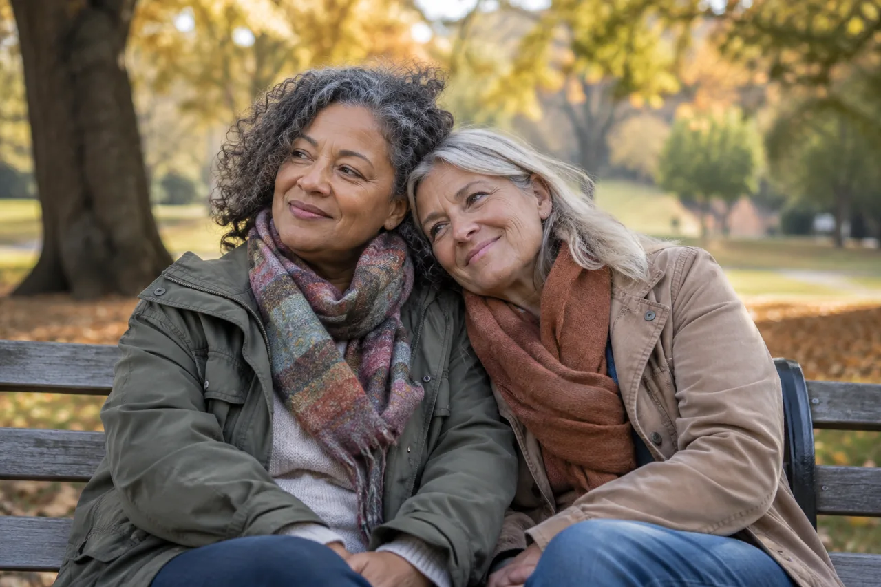 Dos mujeres de mediana edad están sentadas apoyadas una en la otra.