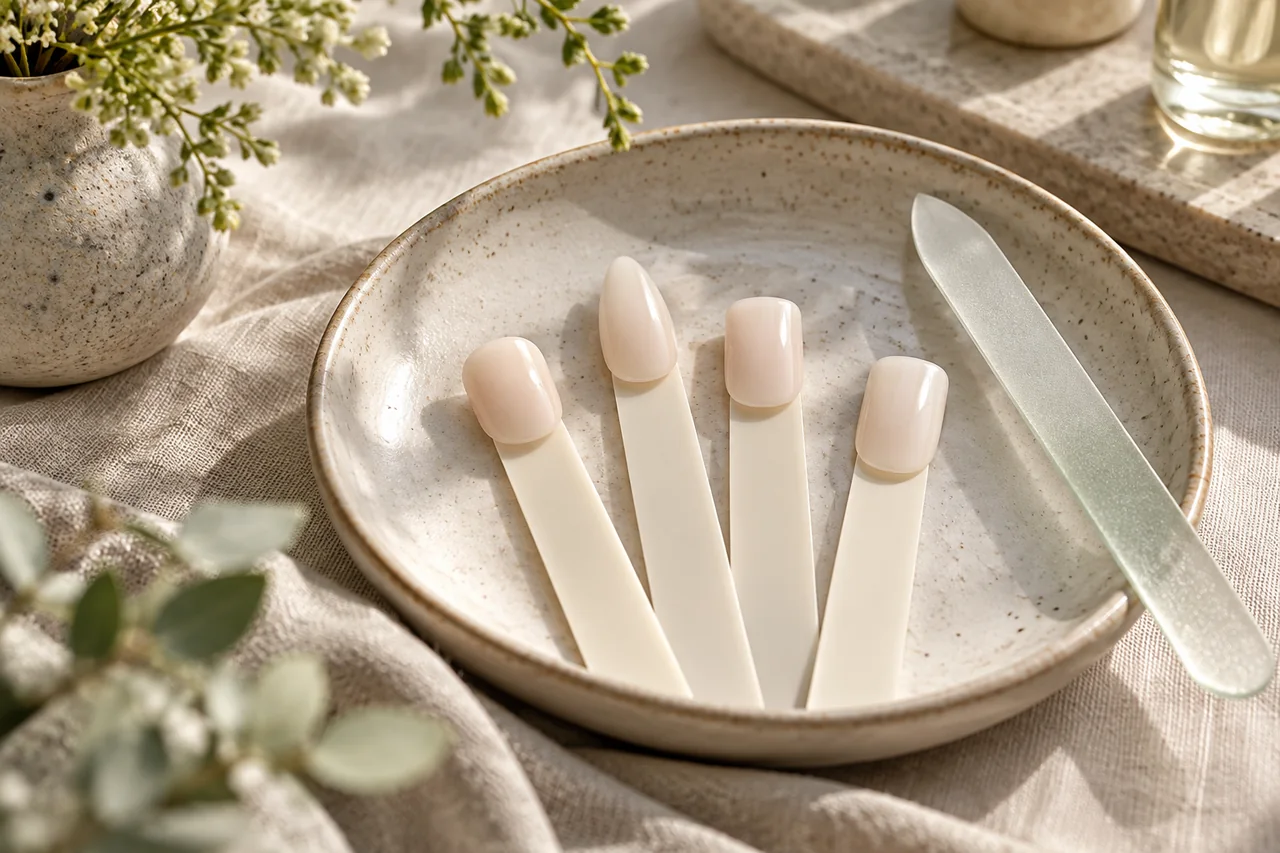 Helle Nagelmuster mit unterschiedlichen Formen neben einer Glasfeile.