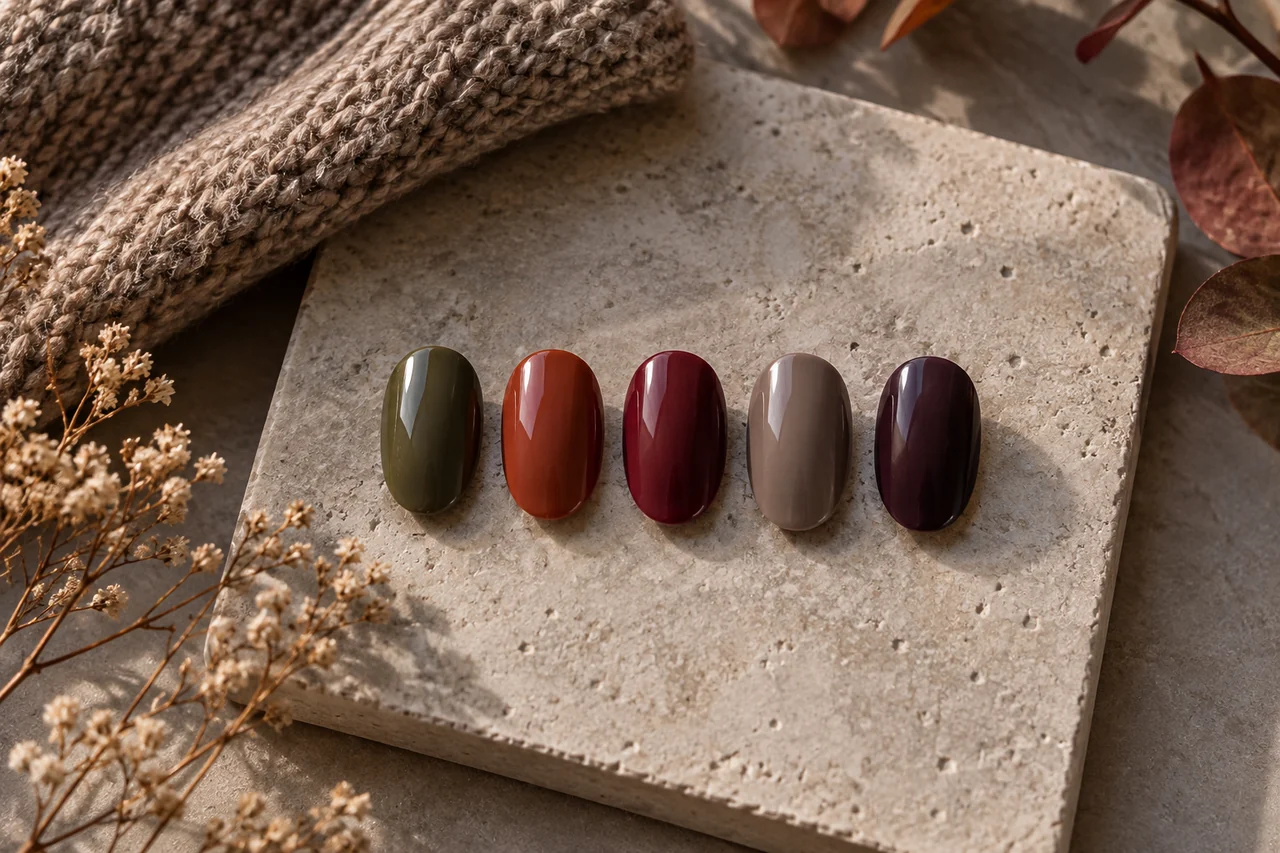 Nagelfarbmuster in Olive, Rostrot, Beere und Taupe liegen neben grobem Strick.