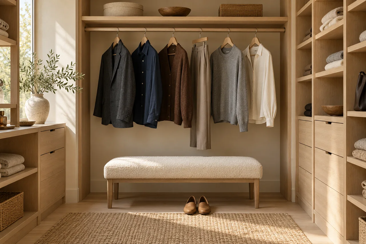 Eine übersichtliche Garderobe mit Kleidungsstücken in Anthrazit, Marineblau, Braun, Taupe, Grau und Creme.