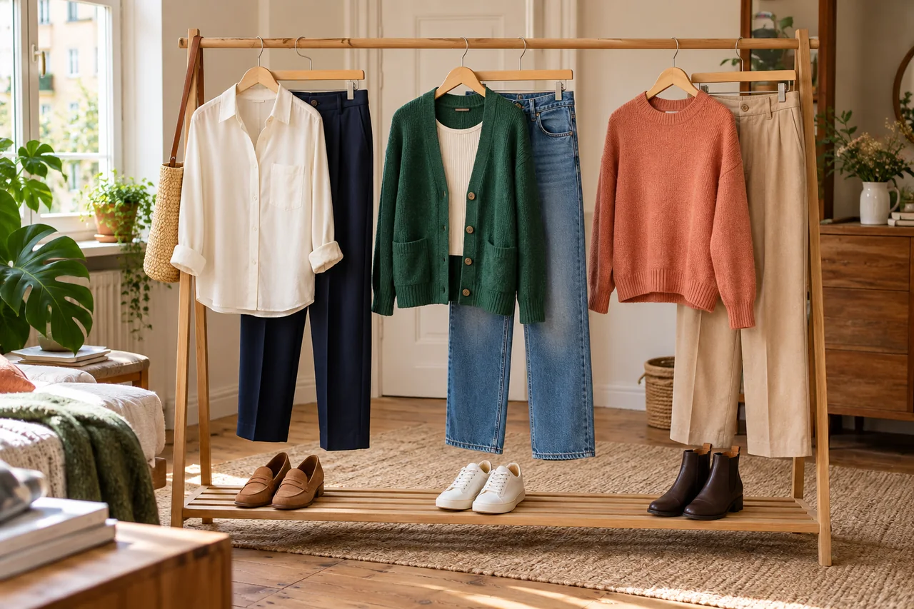 Drei vorbereitete Alltagsoutfits hängen mit passenden Hosen und Schuhen an einer Kleiderstange.