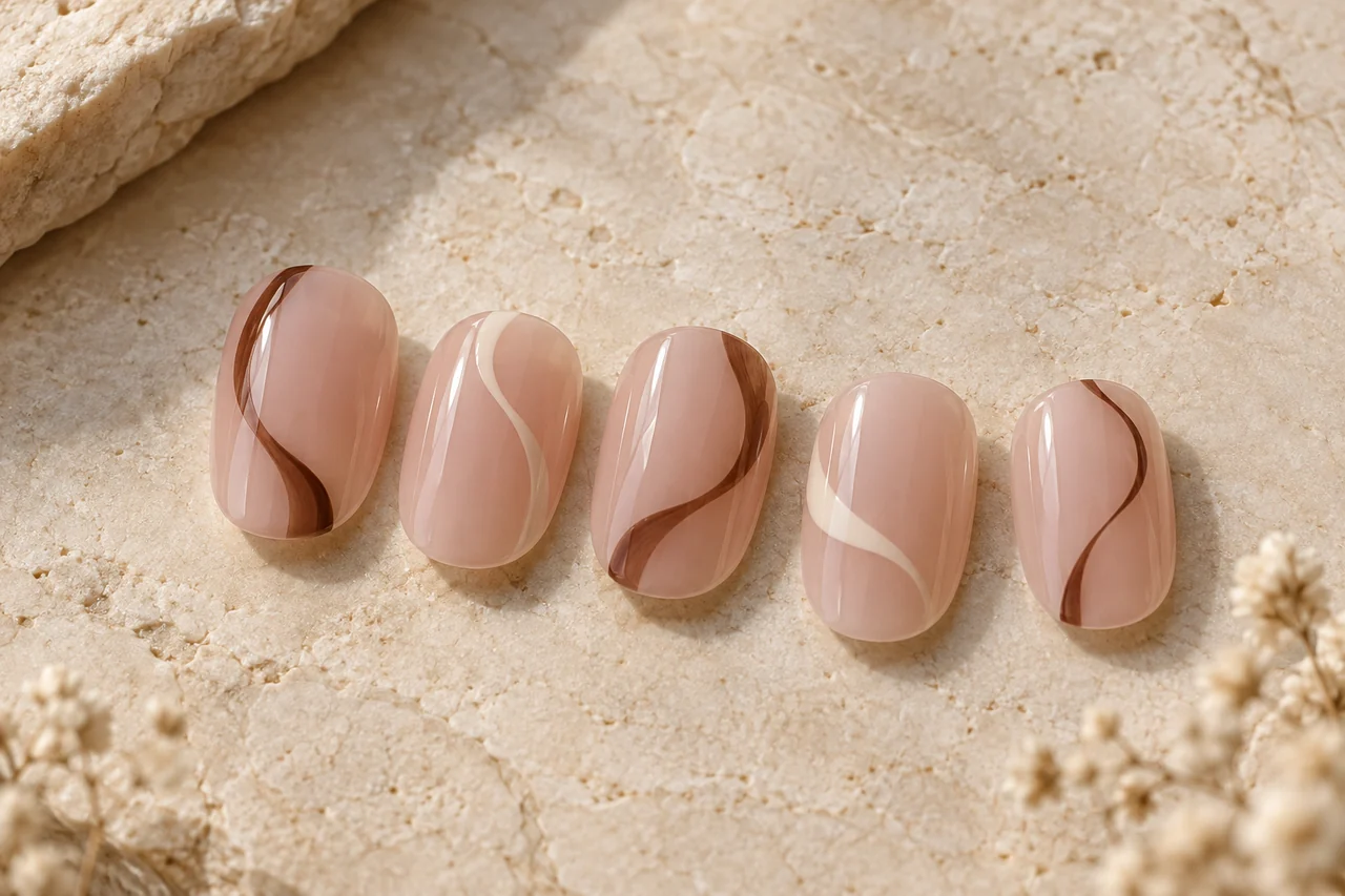 Nagelmuster mit offenen geschwungenen Linien in Braun und Creme.