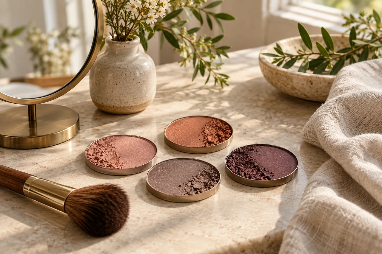 Verschiedene Make-up-Farben, Pinsel und ein runder Spiegel auf einer hellen Ablage