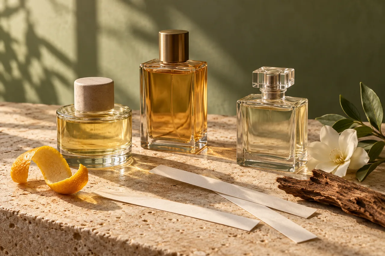 Schlichte Parfümflakons mit Papierstreifen neben Holz, Zitrusschale und einer Blüte
