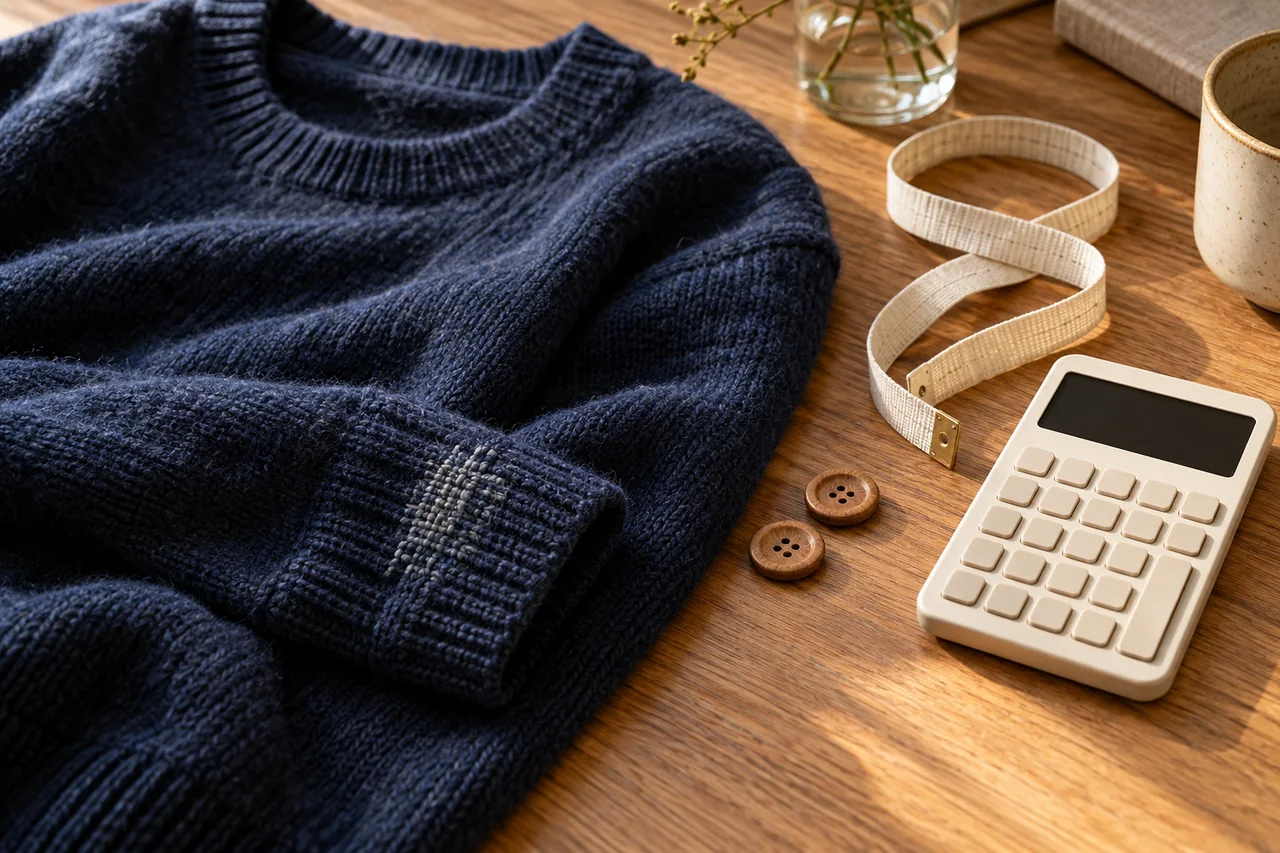Eine schlichte Rechenmaschine liegt neben einem getragenen Strickpullover und Nähzubehör.