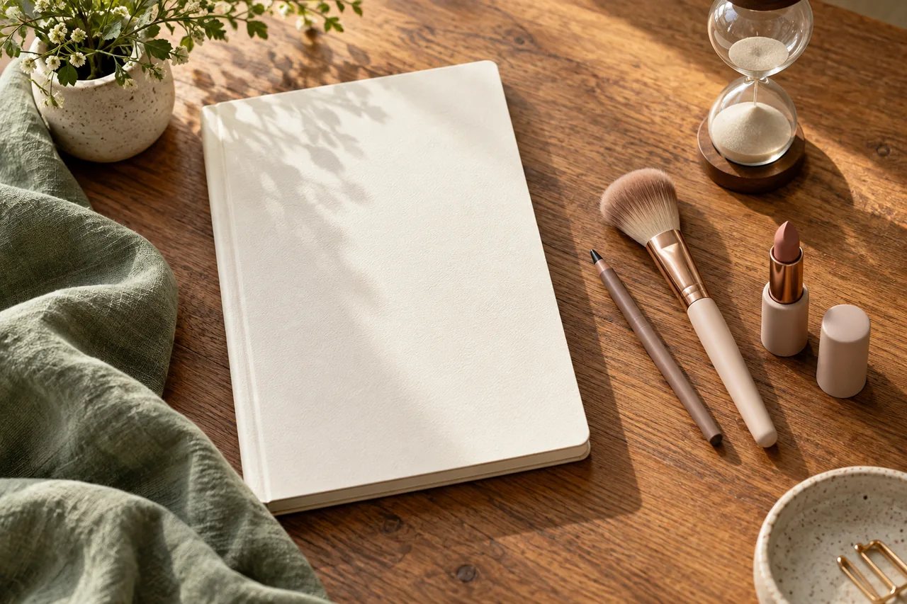 Ein geschlossenes Notizbuch und ausgewählte Make-up-Utensilien für eine kurze Routine