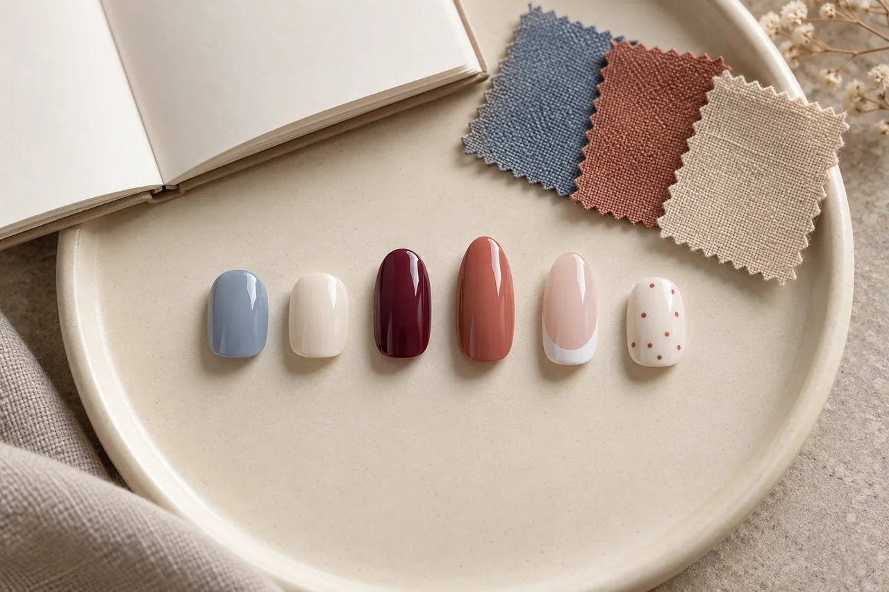 Nageldesign-Muster in verschiedenen Formen neben einer Farbpalette und einem leeren Notizbuch