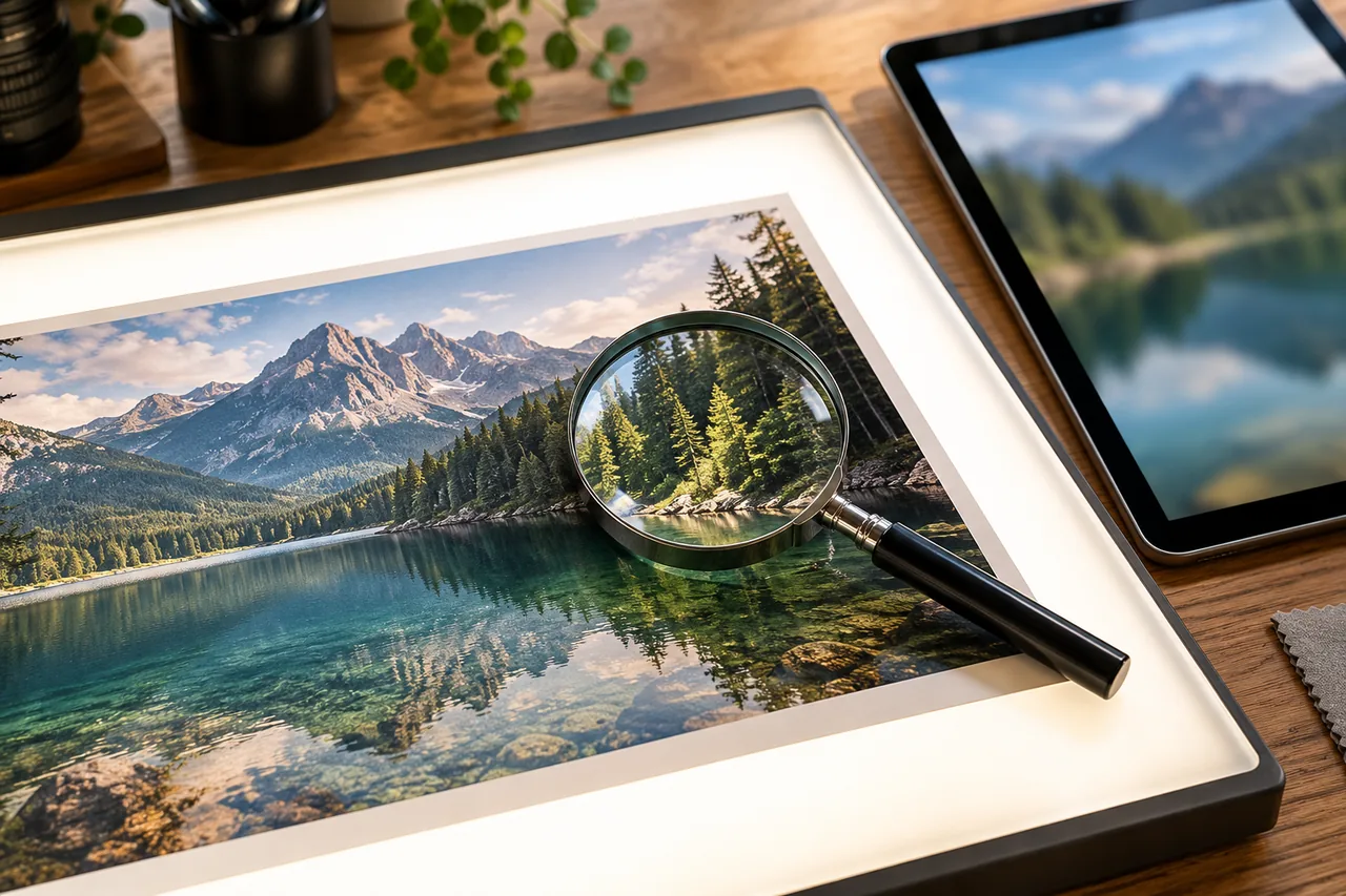Photo print under a magnifying glass on a brightly lit light box, next to a tablet whose screen shows a blurred image