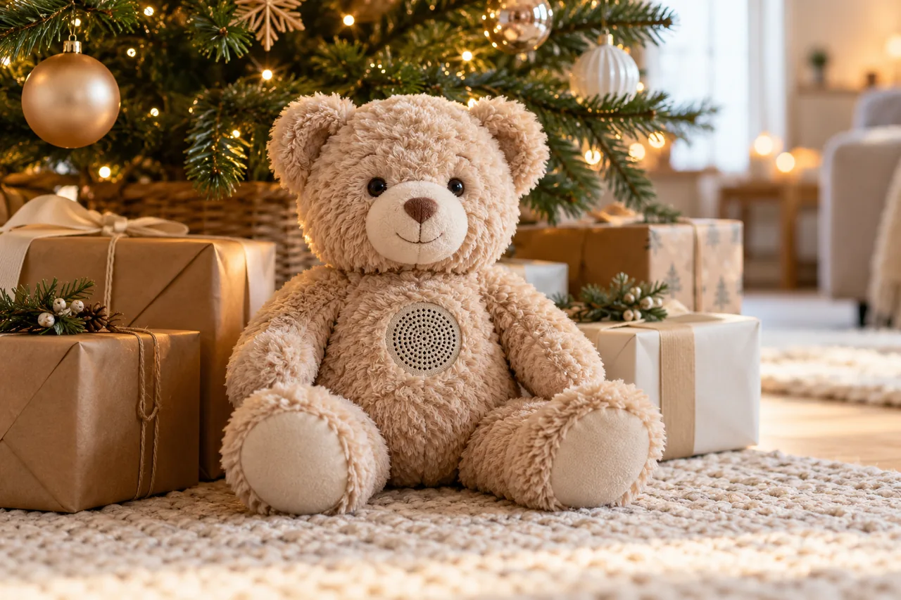 Plüschteddy ohne Marke mit kleinem Lautsprecher an der Brust sitzt unter einem Weihnachtsbaum zwischen schlichten Geschenken.