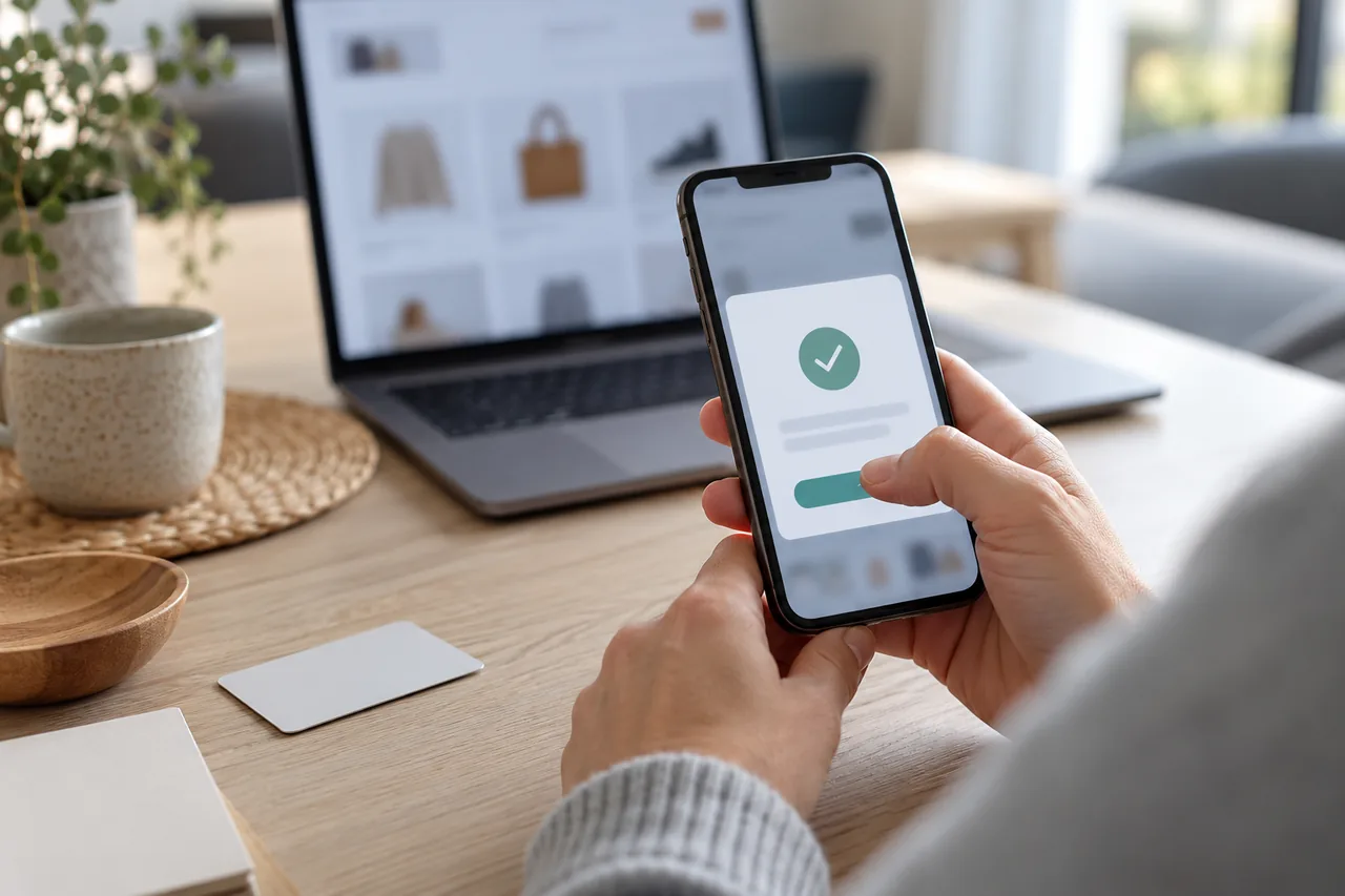 Daumen schwebt über einem Smartphone mit unscharfer Bestätigungsmeldung, dahinter verschwommen ein Laptop mit geöffnetem Onlineshop.