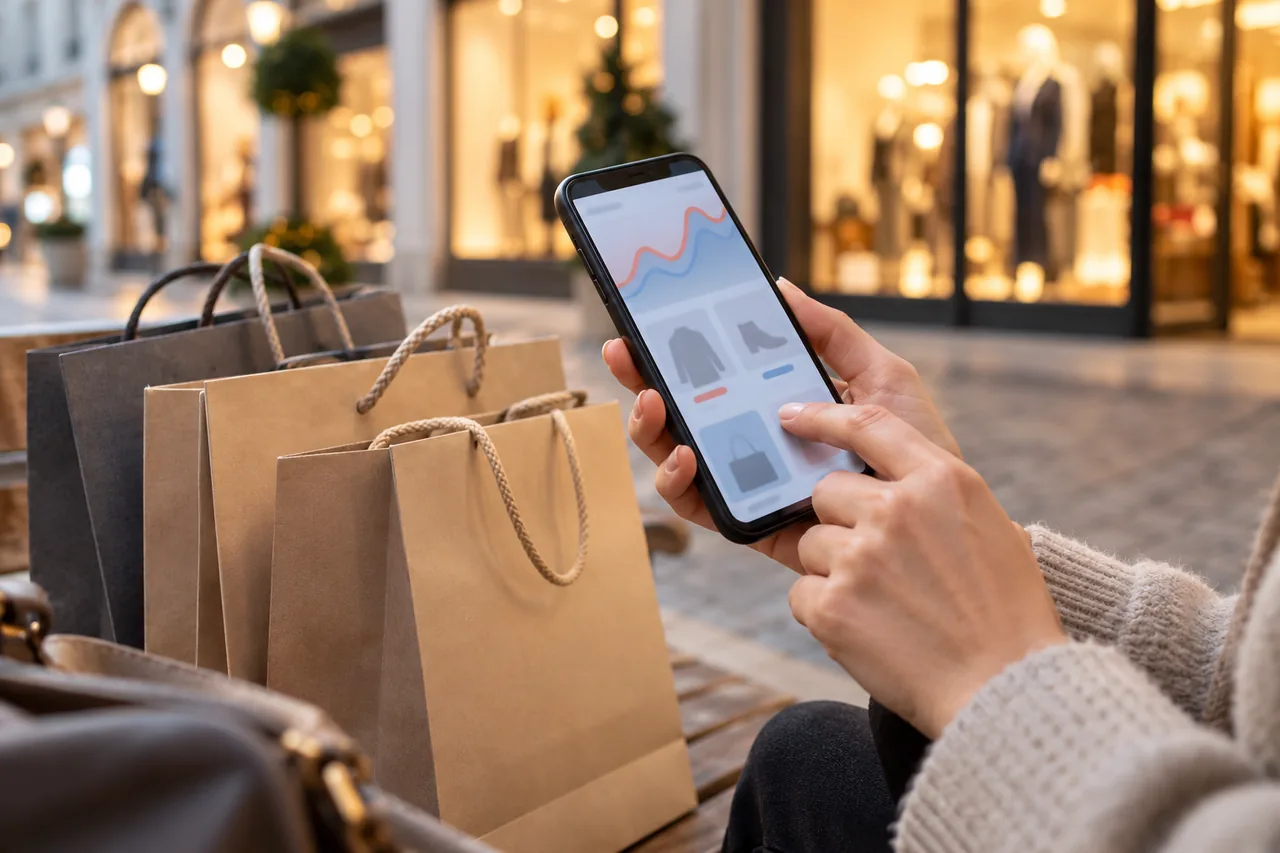 Mani che tengono uno smartphone sopra una pila di sacchetti per la spesa senza scritte, sullo sfondo vetrine sfocate in luce calda.