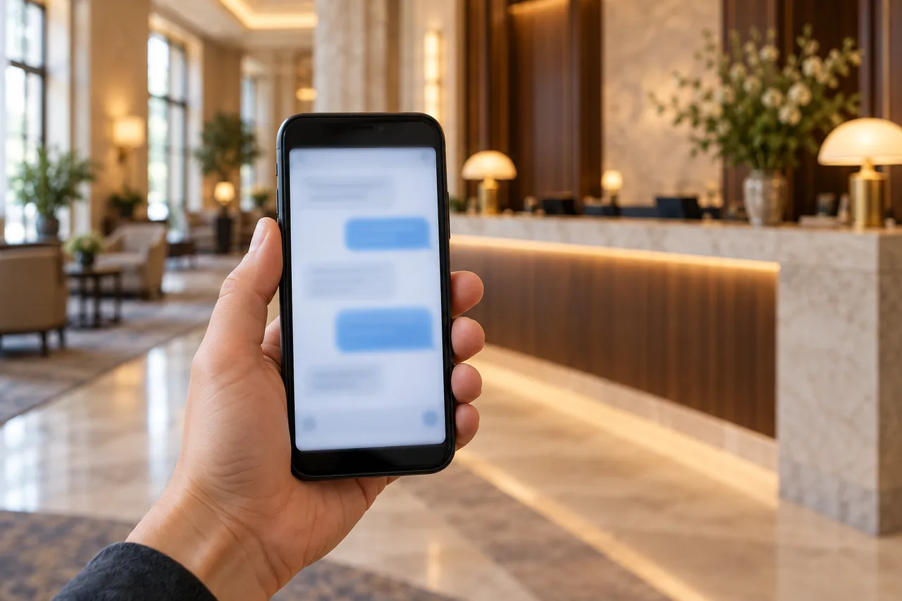 Hand hält ein Smartphone in einer Hotellobby, im Hintergrund unscharf die Rezeption; das Display zeigt keinen lesbaren Text.