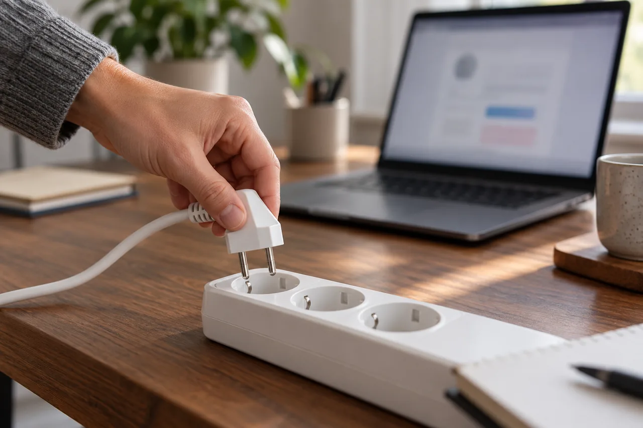A hand pulls a plug out of a power strip next to a laptop showing a blurred account page, a symbol for ending a subscription.