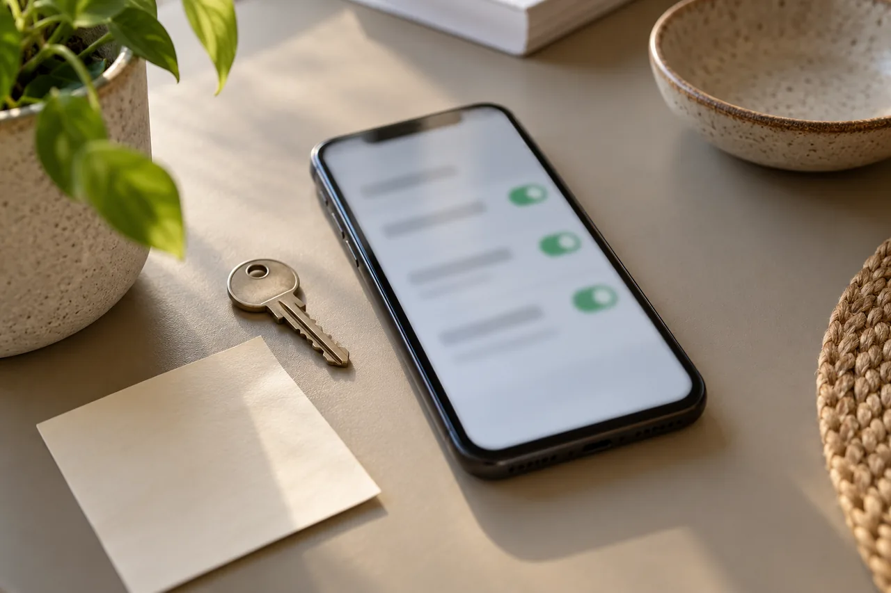 Smartphone mit unscharfem Einstellungsmenü liegt auf einem Tisch, daneben ein kleiner Schlüssel und ein Notizzettel.