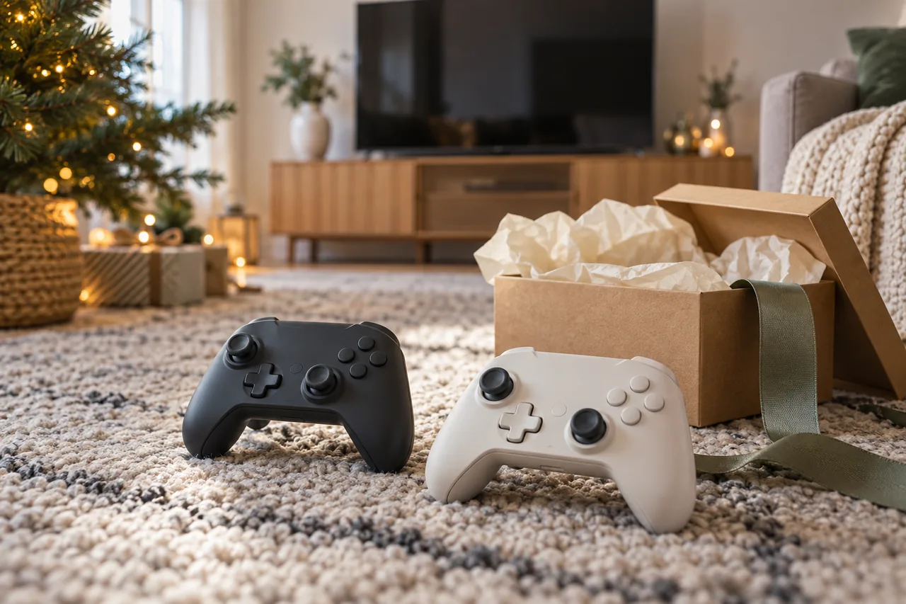 Zwei Controller ohne Logos liegen auf einem Teppich vor einem Fernseher, daneben steht ein geöffnetes Geschenkpaket.