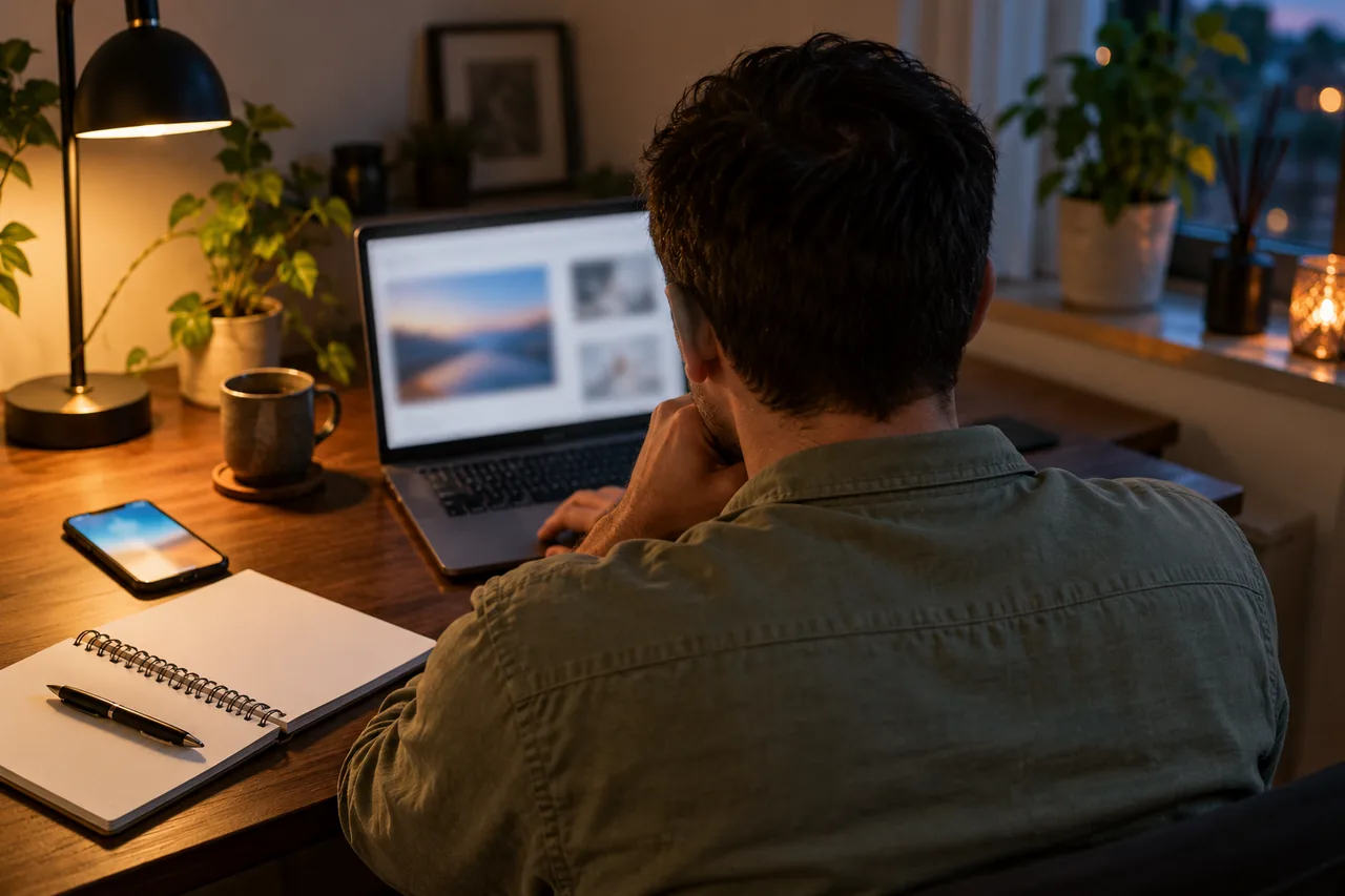 Personne de dos devant un ordinateur portable, sur la table un bloc-notes et un smartphone à l'écran flou, lumière tamisée du soir