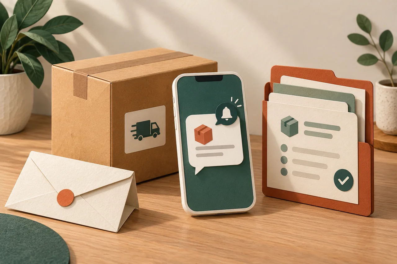 Paper illustration of a parcel, a phone with a delivery message and an order folder.