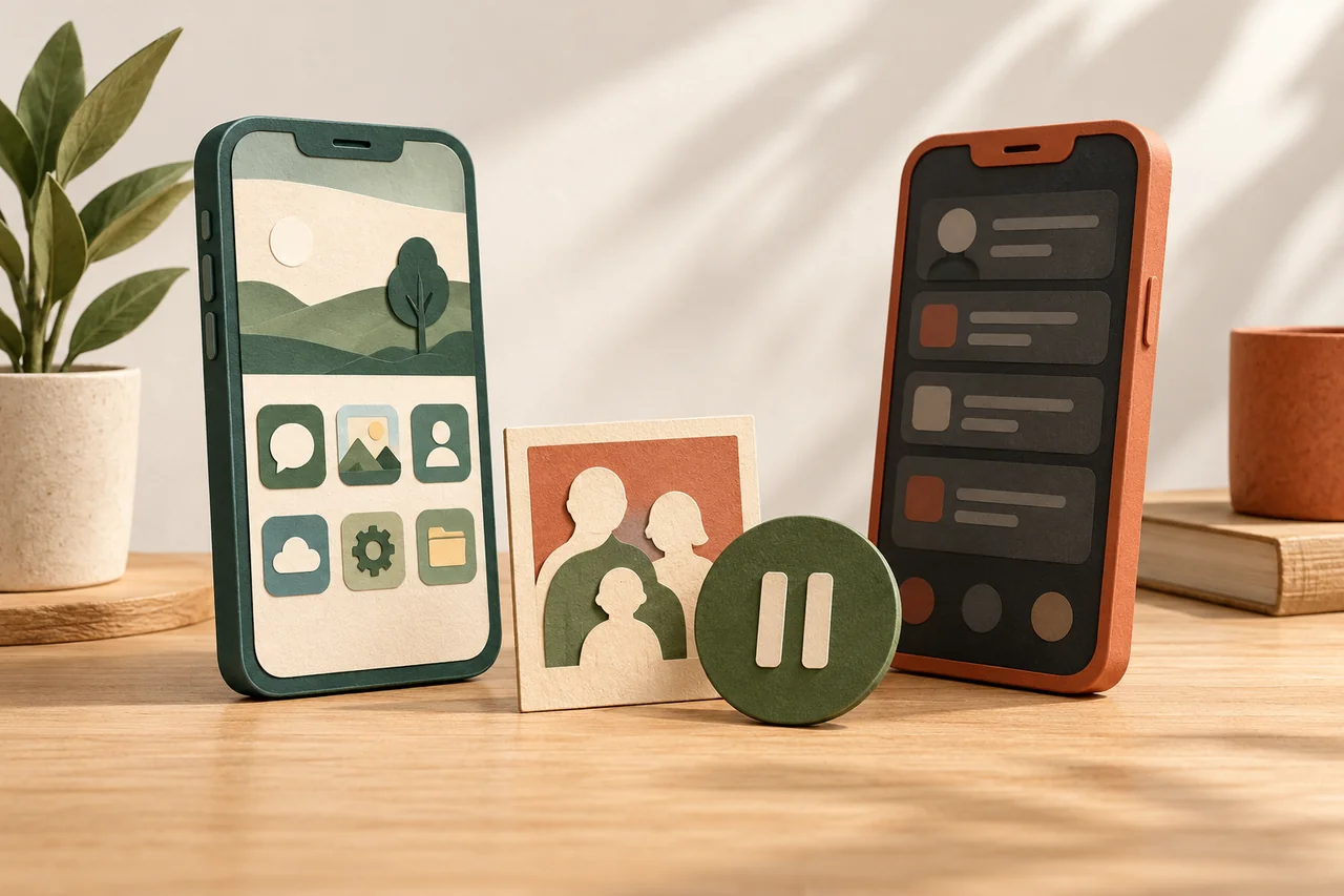Two paper smartphones, a family portrait and a pause symbol.