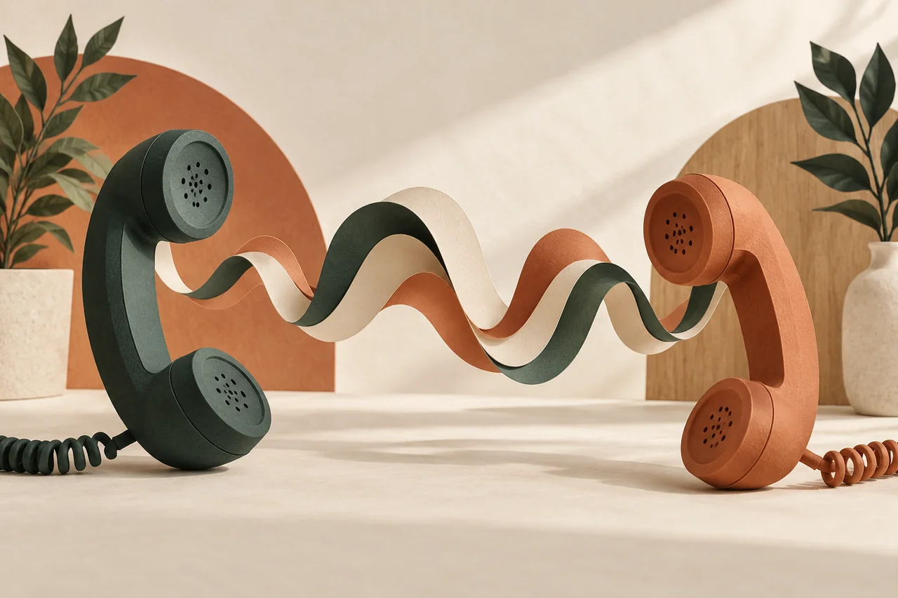 Two telephone receivers with wavy paper ribbons between them.