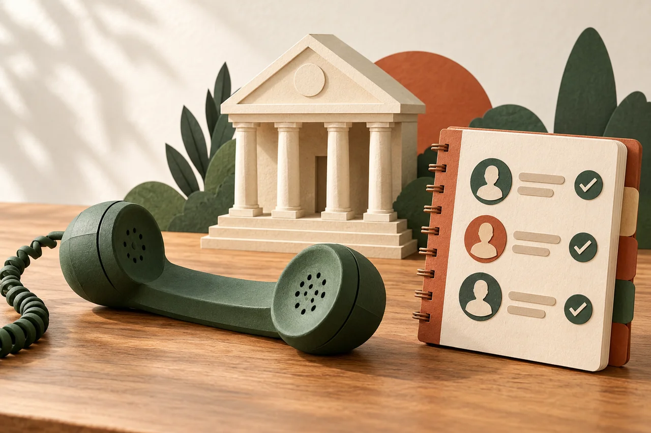 Telephone receiver beside a stylised bank building and a contact notebook.