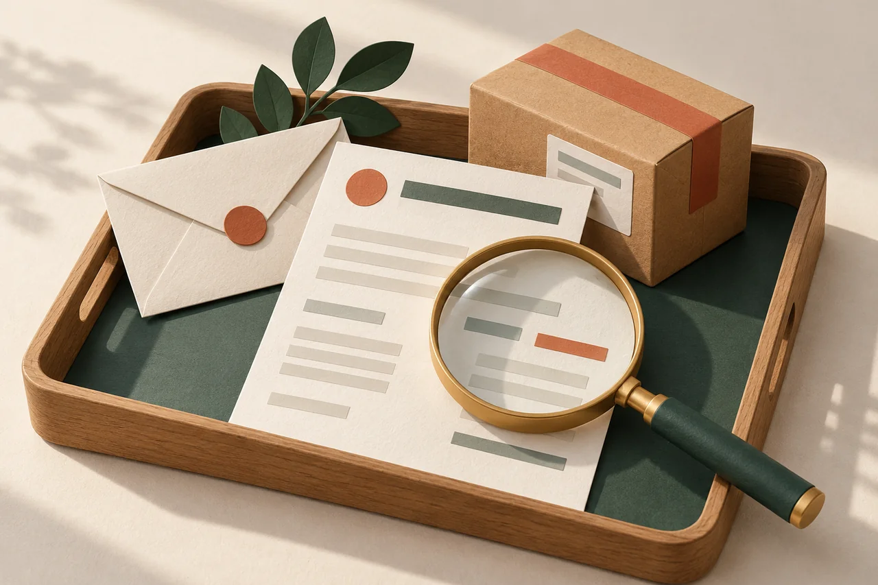 Magnifying glass over an invoice sheet beside an envelope and parcel.