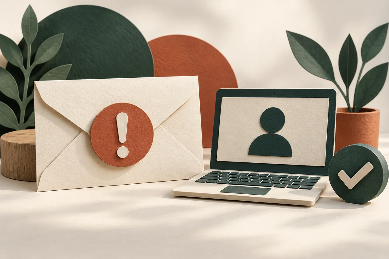 Alert envelope beside a laptop with a profile icon and a separate check mark.