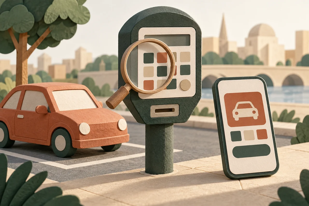 Magnifying glass at a stylised parking meter beside a car and smartphone.