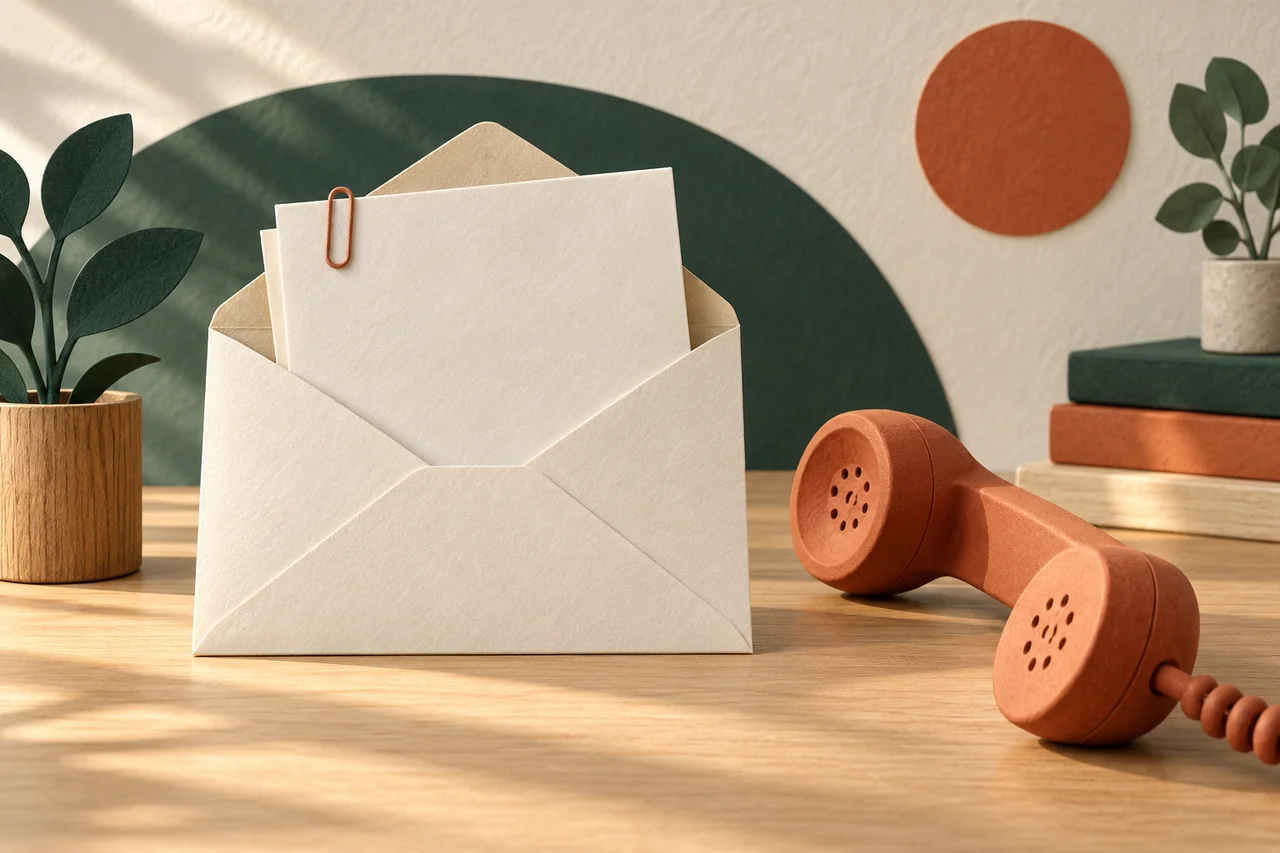 Open envelope with a blank document and paperclip beside a telephone receiver.