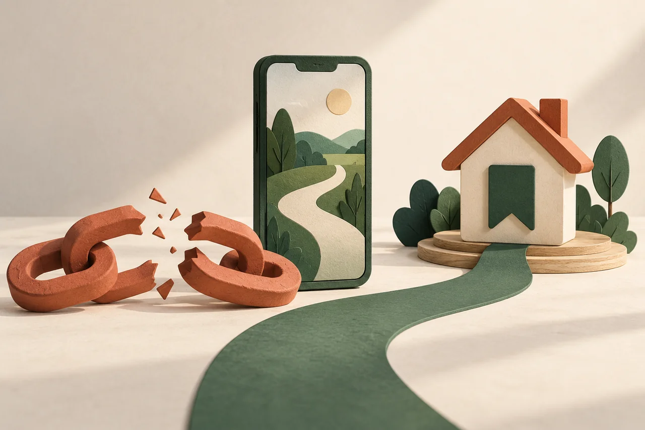 Broken chain beside a smartphone and a path to a bookmark-shaped house.