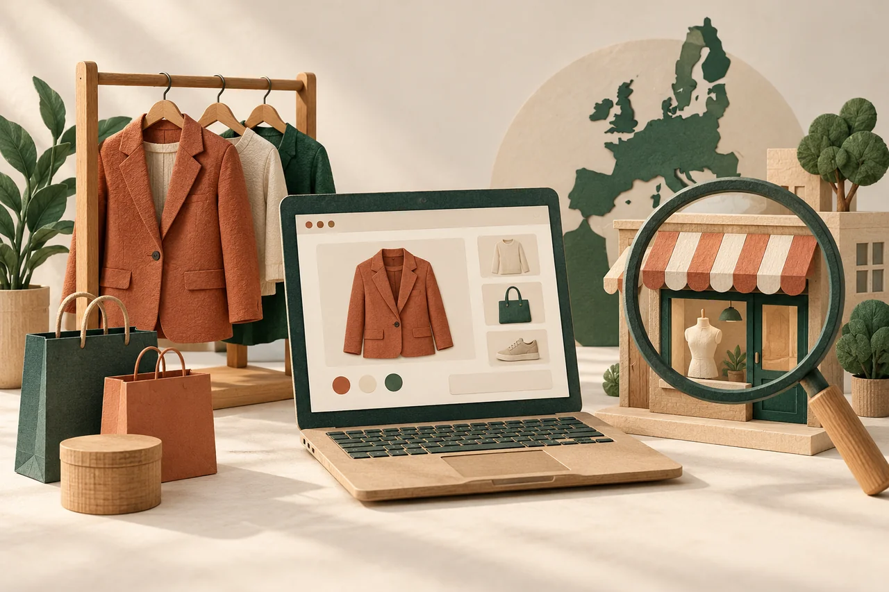Clothing rail, laptop with fashion items and a shop model under a magnifying glass.
