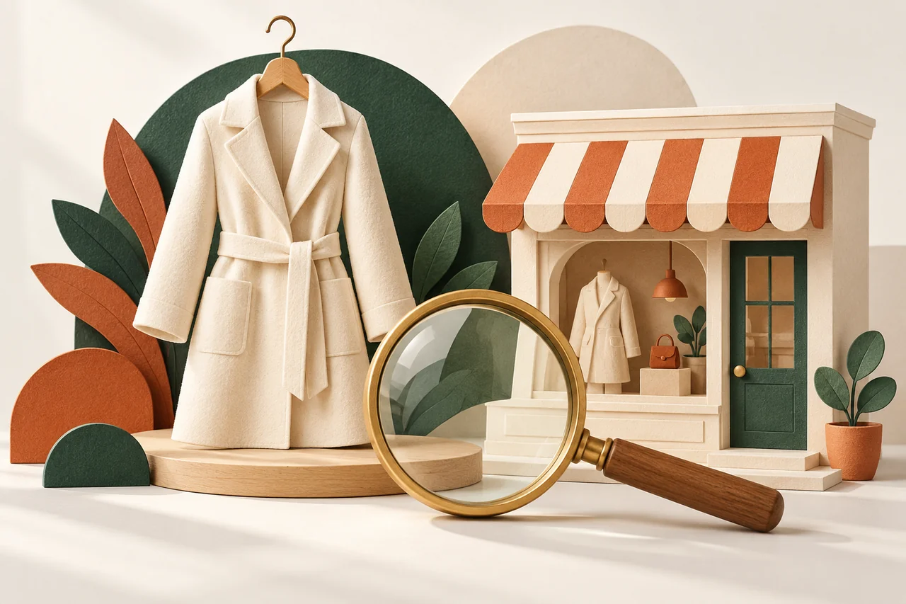 Light-coloured coat on a hanger beside a miniature shop and magnifying glass.