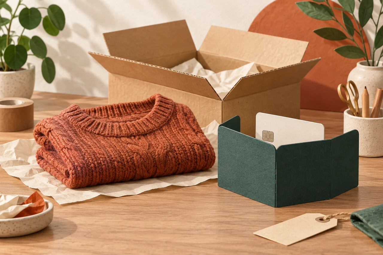 Folded jumper, open parcel and a blank card behind a privacy screen.