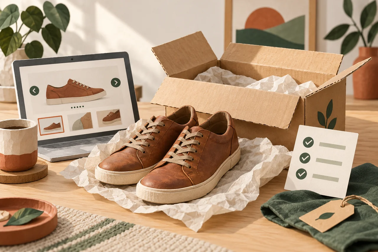 Scarpe usate accanto a un pacco aperto, a un portatile e a una lista di controllo.