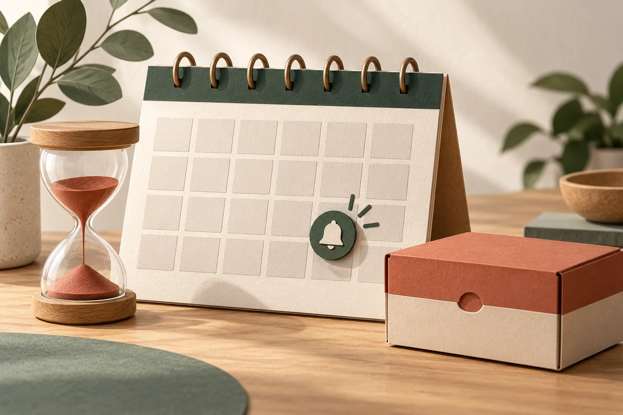 Calendar with a reminder symbol beside an hourglass and a box.