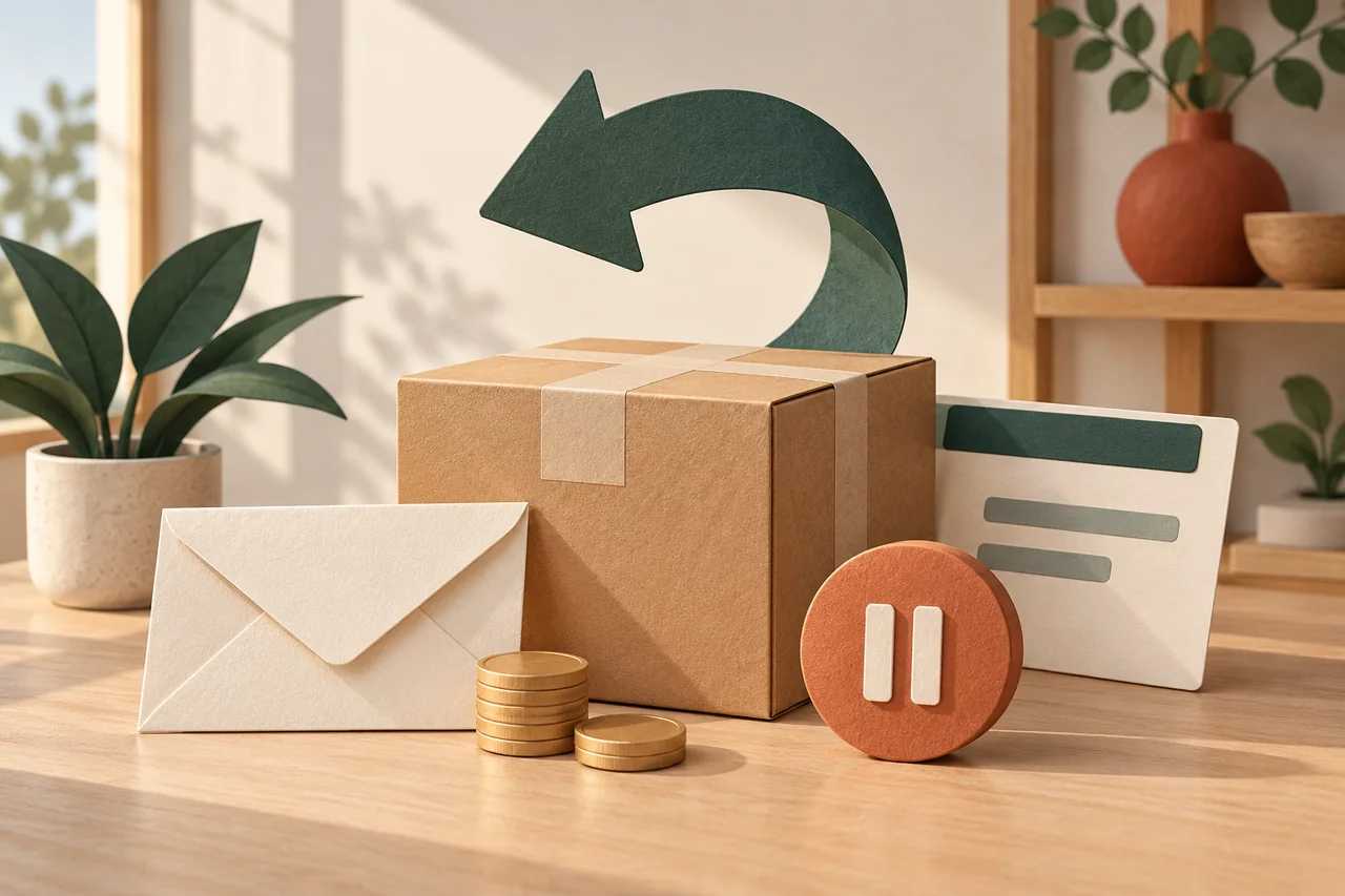 Parcel with a return arrow, envelope, coin shapes and pause symbol.