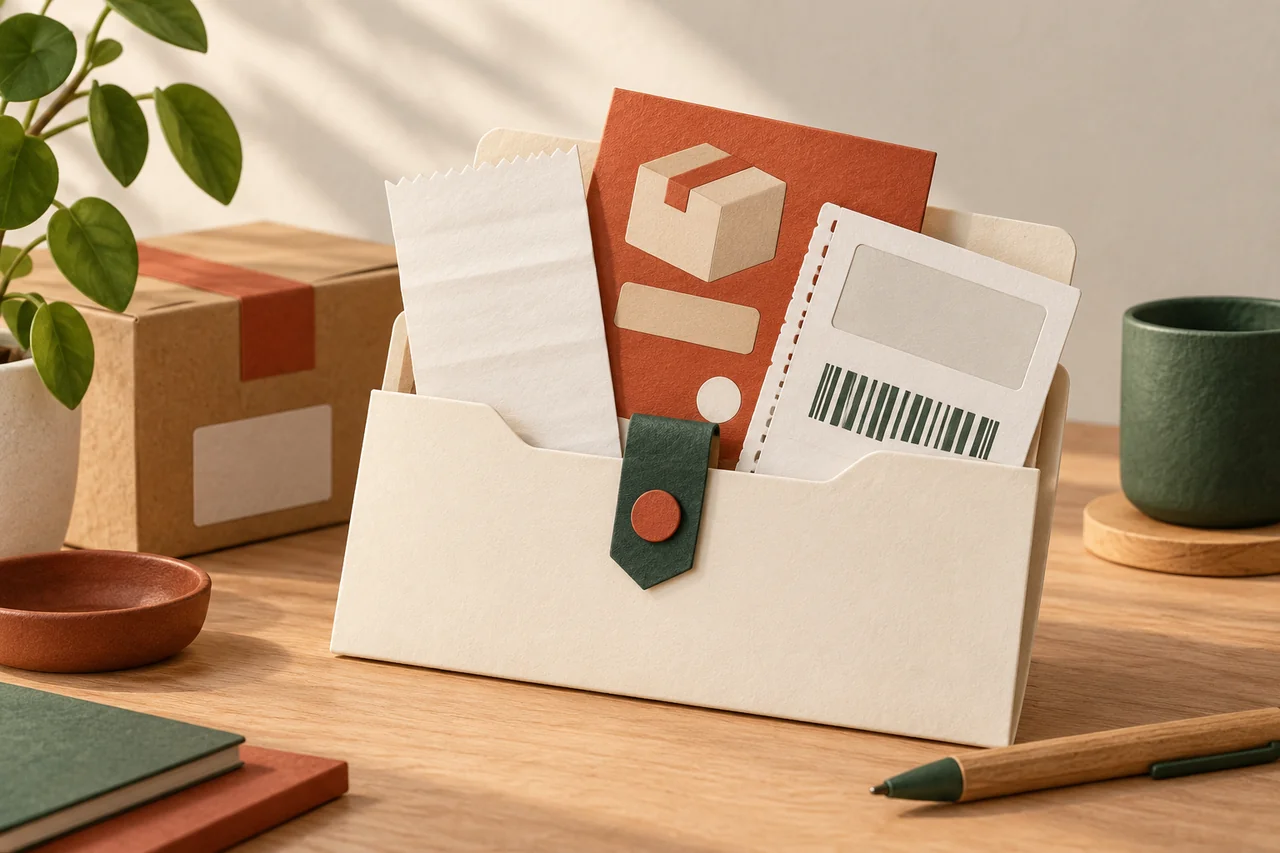 Tidy folder of receipts and delivery documents beside a parcel.