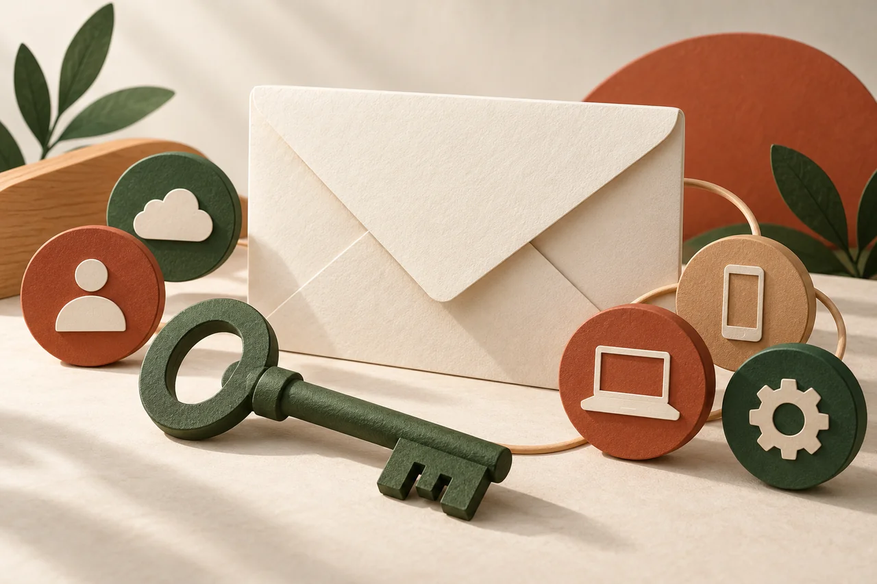 Large envelope with a key and account and device symbols.