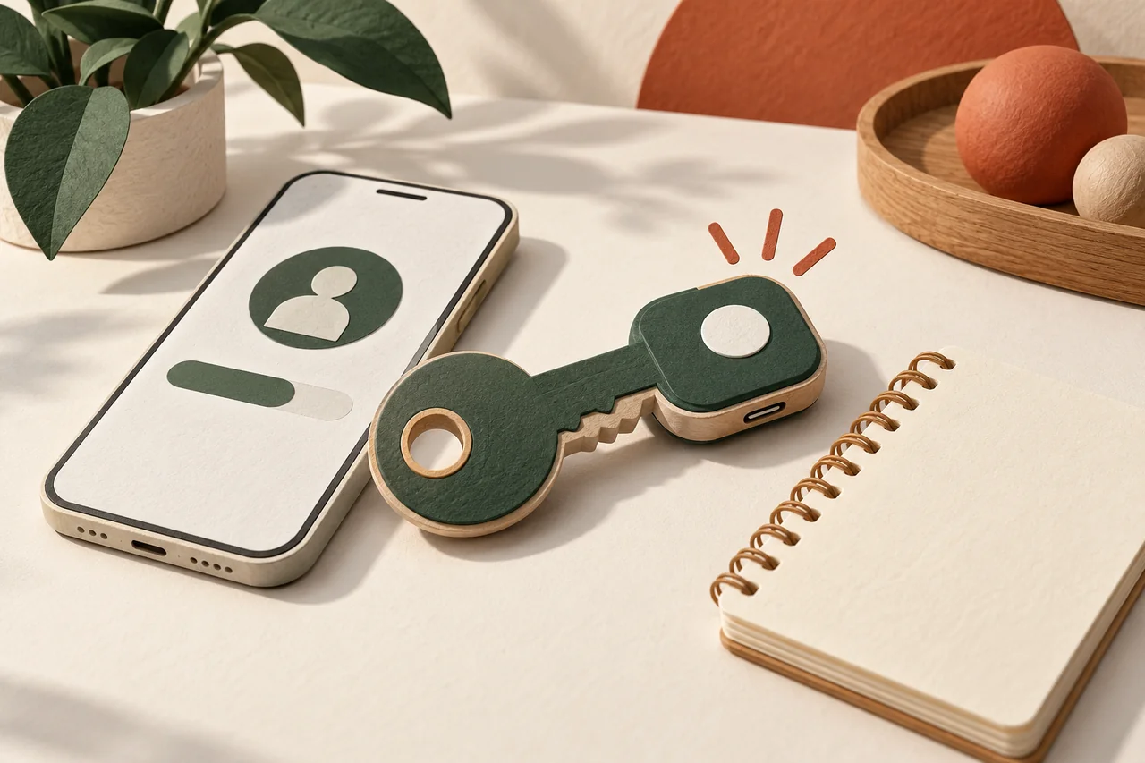 Smartphone, stylised security key and blank notebook.