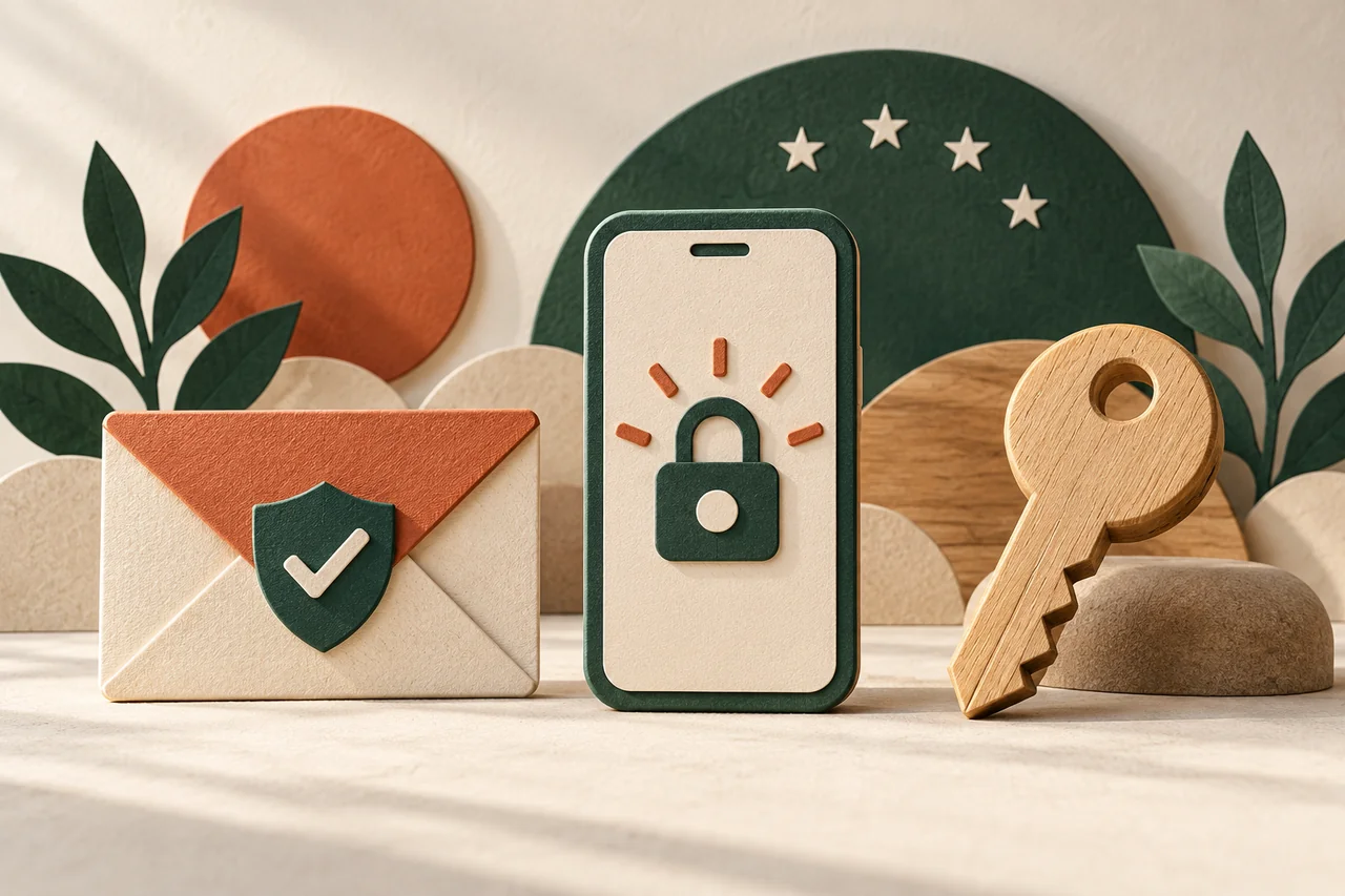 Busta con simbolo di protezione, telefono con lucchetto e chiave separata.
