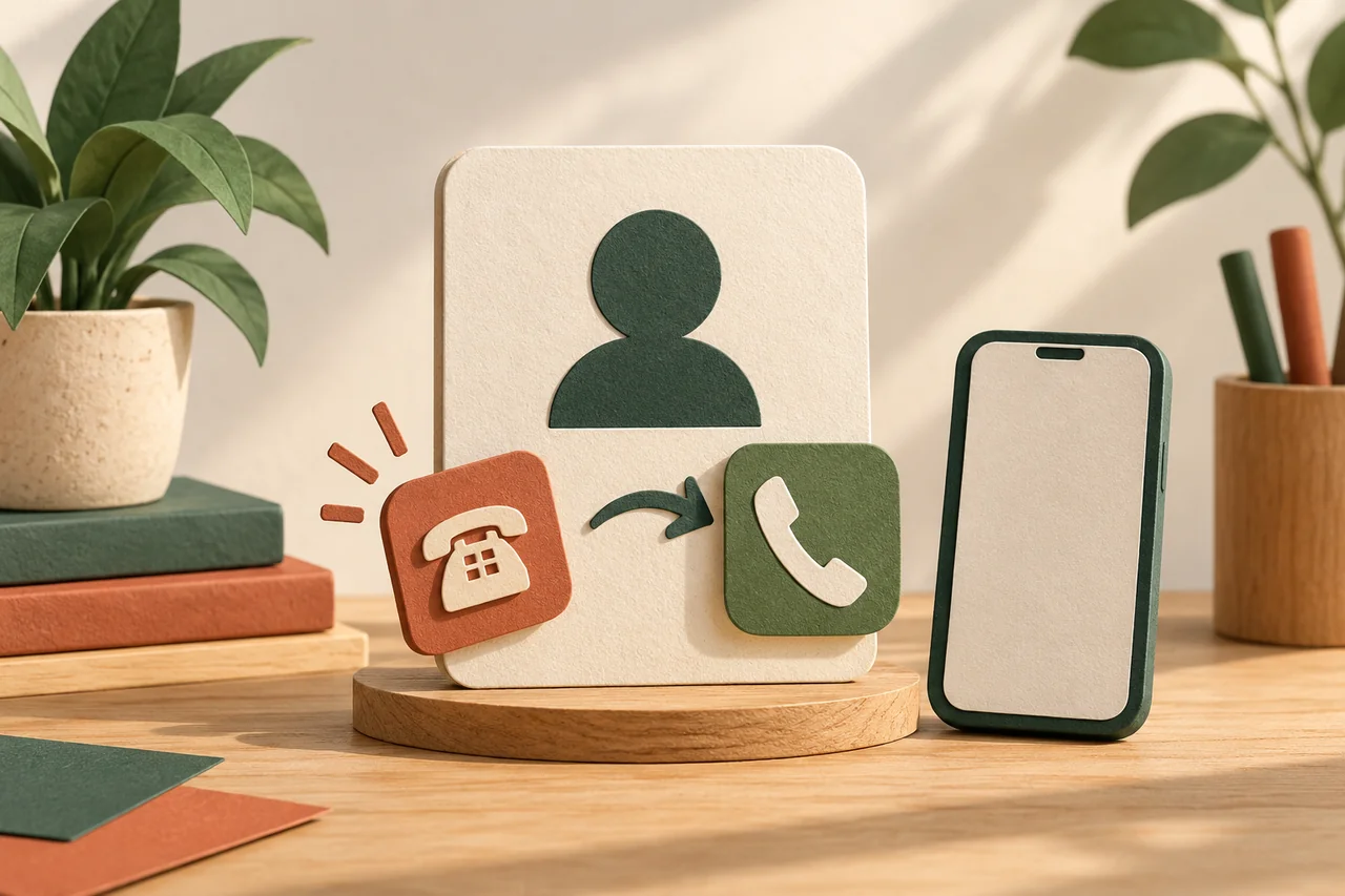 Contact card with two phone symbols and a change arrow beside a smartphone.